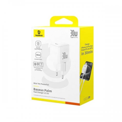 Мережевий зарядний пристрій Baseus Palm USB Type-C 30W (P10111605213-00) White купити в Україні: Київ, Львів, Хмельницький, Тернопіль, Івано-Франківськ | Низька ціна, відгуки, характеристики від TELEMART фото