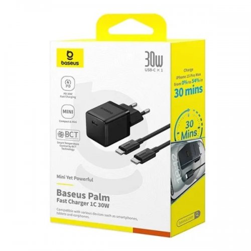 Мережевий зарядний пристрій Baseus Palm USB Type-C 30W + Cable USB Type-C to USB Type-C 60W 1m (P10111605113-01) Black купити в Україні: Київ, Львів, Хмельницький, Тернопіль, Івано-Франківськ | Низька ціна, відгуки, характеристики від TELEMART фото