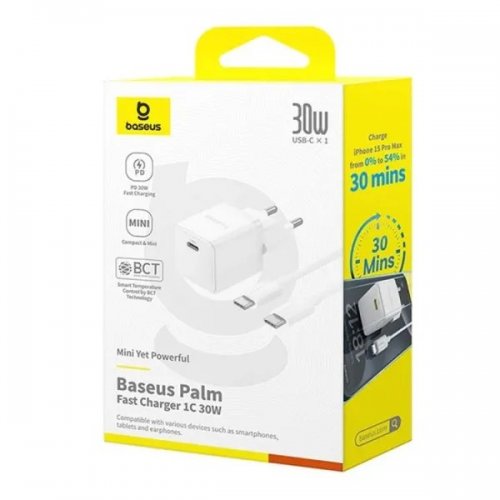 Сетевое зарядное устройство Baseus Palm USB Type-C 30W + Cable USB Type-C to USB Type-C 60W 1m (P10111605213-01) White купить в Украине: Киев, Днепр, Харьков, Одесса  | Низкая цена, отзывы, характеристики от TELEMART фото