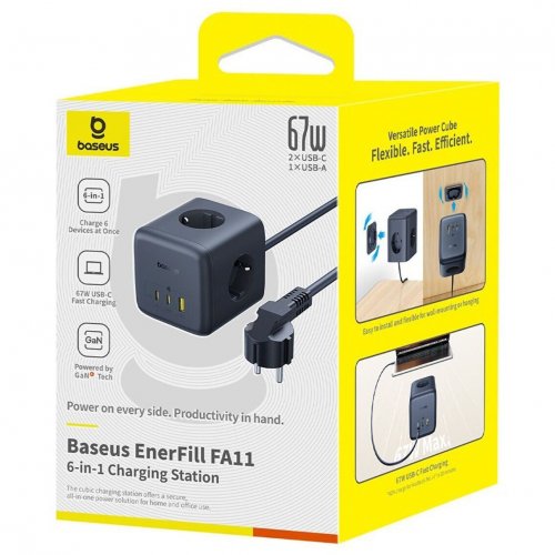 Сетевой фильтр Baseus EnerFill FA11 Cube Power Strip 3 розетки + USB + 2 x USB Type-C 67W 1.5m (E00082100123-00) Cosmic Black купить в Украине: Киев, Днепр, Харьков, Одесса  | Низкая цена, отзывы, характеристики от TELEMART фото