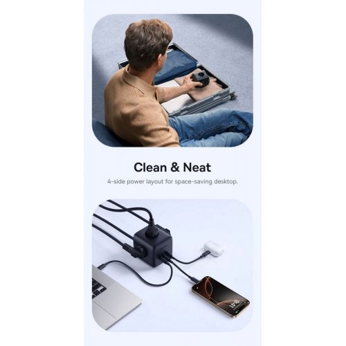 Сетевой фильтр Baseus EnerFill FA11 Cube Power Strip 3 розетки + USB + 2 x USB Type-C 67W 1.5m (E00082100123-00) Cosmic Black купить в Украине: Киев, Днепр, Харьков, Одесса  | Низкая цена, отзывы, характеристики от TELEMART фото