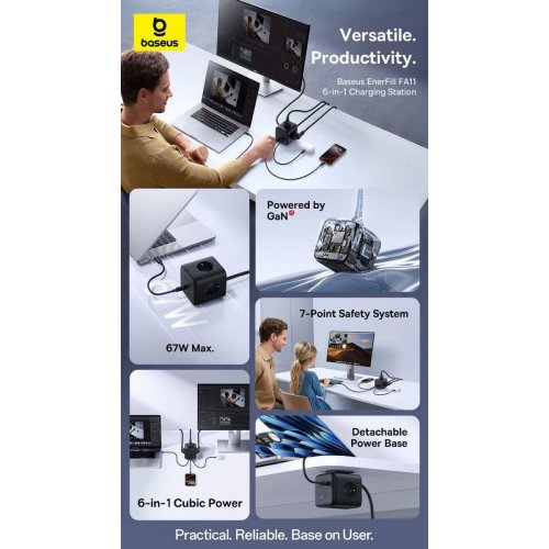 Сетевой фильтр Baseus EnerFill FA11 Cube Power Strip 3 розетки + USB + 2 x USB Type-C 67W 1.5m (E00082100123-00) Cosmic Black купить в Украине: Киев, Днепр, Харьков, Одесса  | Низкая цена, отзывы, характеристики от TELEMART фото