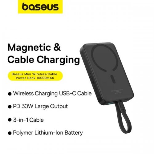 Powerbank Baseus Magnetic Mini Wireless 10000mAh 30W (P1002210B113-00) Black купити в Україні: Київ, Львів, Хмельницький, Тернопіль, Івано-Франківськ | Низька ціна, відгуки, характеристики від TELEMART фото