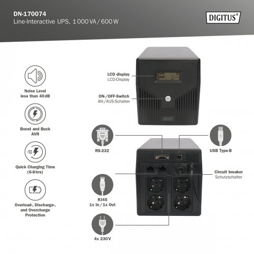 ИБП Digitus Line Interactive 1000VA (DN-170074) купить в Украине: Киев, Днепр, Харьков, Одесса  | Низкая цена, отзывы, характеристики от TELEMART фото
