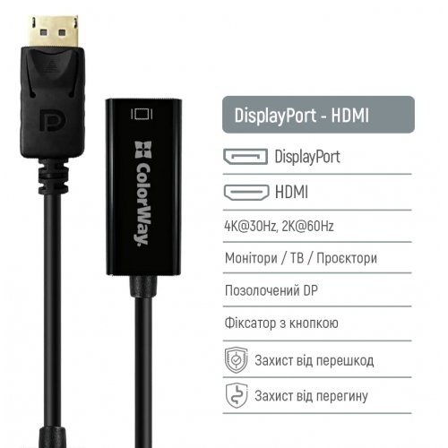 Адаптер ColorWay DisplayPort to HDMI 4K (CW-AD-DPHD) Black купить в Украине: Киев, Днепр, Харьков, Одесса  | Низкая цена, отзывы, характеристики от TELEMART фото