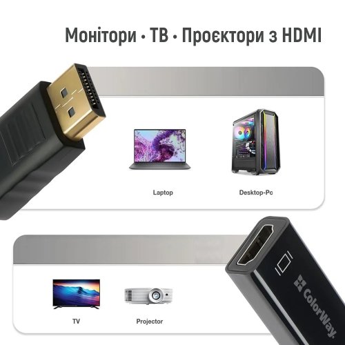 Адаптер ColorWay DisplayPort to HDMI 4K (CW-AD-DPHD) Black купить в Украине: Киев, Днепр, Харьков, Одесса  | Низкая цена, отзывы, характеристики от TELEMART фото