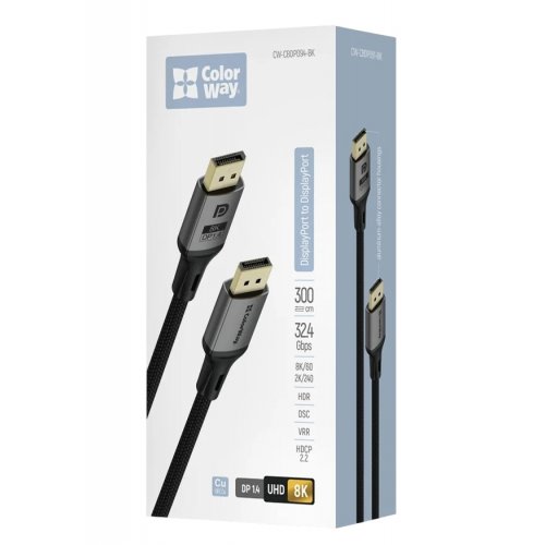 Кабель ColorWay DisplayPort to DisplayPort V1.4 8K 3m (CW-CBDP094-BK) Black купити в Україні: Київ, Львів, Хмельницький, Тернопіль, Івано-Франківськ | Низька ціна, відгуки, характеристики від TELEMART фото