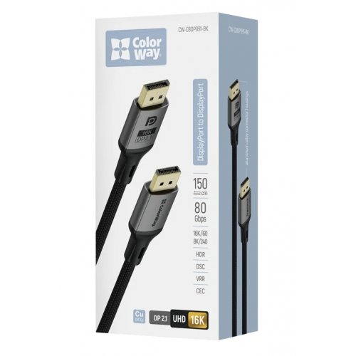 Кабель ColorWay DisplayPort to DisplayPort V2.1 16K 1.5m (CW-CBDP091-BK) Black купити в Україні: Київ, Львів, Хмельницький, Тернопіль, Івано-Франківськ | Низька ціна, відгуки, характеристики від TELEMART фото