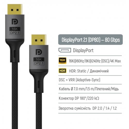 Кабель ColorWay DisplayPort to DisplayPort V2.1 16K 1.5m (CW-CBDP091-BK) Black купити в Україні: Київ, Львів, Хмельницький, Тернопіль, Івано-Франківськ | Низька ціна, відгуки, характеристики від TELEMART фото