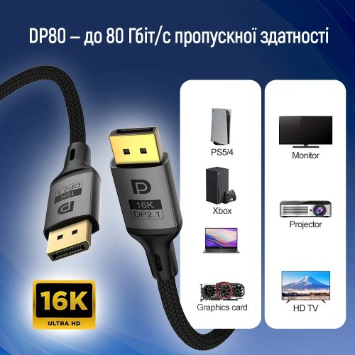 Кабель ColorWay DisplayPort to DisplayPort V2.1 16K 3m (CW-CBDP092-BK) Black купить в Украине: Киев, Днепр, Харьков, Одесса  | Низкая цена, отзывы, характеристики от TELEMART фото