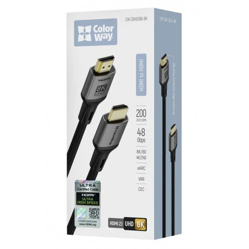 Кабель ColorWay HDMI to HDMI V2.1 8K 2m (CW-CBHD088-BK) Black купить в Украине: Киев, Днепр, Харьков, Одесса  | Низкая цена, отзывы, характеристики от TELEMART фото