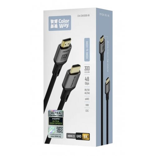 Кабель ColorWay HDMI to HDMI V2.1 8K 3m (CW-CBHD089-BK) Black купити в Україні: Київ, Львів, Хмельницький, Тернопіль, Івано-Франківськ | Низька ціна, відгуки, характеристики від TELEMART фото