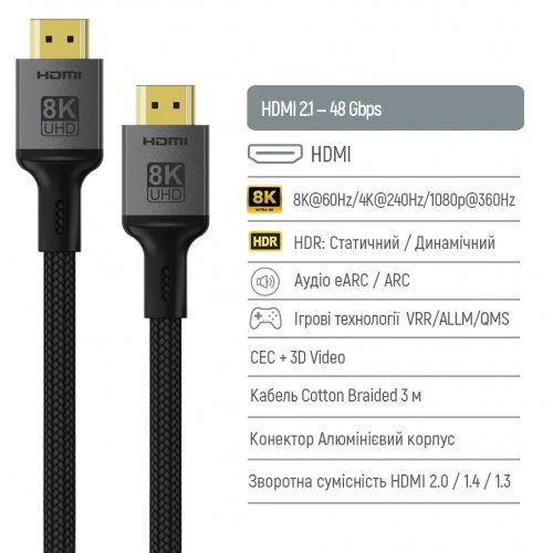 Кабель ColorWay HDMI to HDMI V2.1 8K 3m (CW-CBHD089-BK) Black купити в Україні: Київ, Львів, Хмельницький, Тернопіль, Івано-Франківськ | Низька ціна, відгуки, характеристики від TELEMART фото