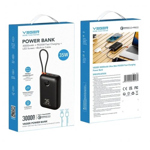 Powerbank Veger W3018 30000mAh 35W Black купити в Україні: Київ, Львів, Хмельницький, Тернопіль, Івано-Франківськ | Низька ціна, відгуки, характеристики від TELEMART фото