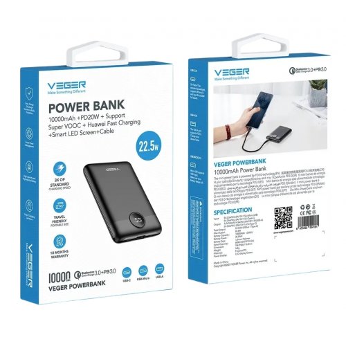 Powerbank Veger W1140 10000mAh 20W Black купити в Україні: Київ, Львів, Хмельницький, Тернопіль, Івано-Франківськ | Низька ціна, відгуки, характеристики від TELEMART фото