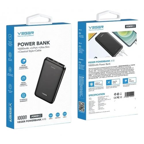 Powerbank Veger W1065 10000mAh 10W Black купити в Україні: Київ, Львів, Хмельницький, Тернопіль, Івано-Франківськ | Низька ціна, відгуки, характеристики від TELEMART фото