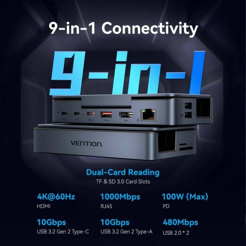 USB-хаб Vention USB Type-C 9 in 1 (TPZH0) Gray купити в Україні: Київ, Львів, Хмельницький, Тернопіль, Івано-Франківськ | Низька ціна, відгуки, характеристики від TELEMART фото