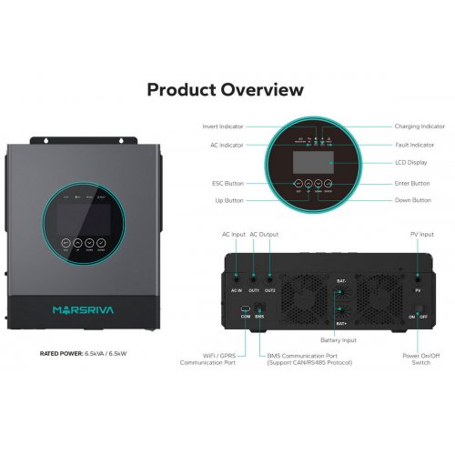 Гібридний сонячний інвертор Marsriva 48V 6500W (MR-SPF6.5K-LP1-TL20E) купити в Україні: Київ, Львів, Хмельницький, Тернопіль, Івано-Франківськ | Низька ціна, відгуки, характеристики від TELEMART фото