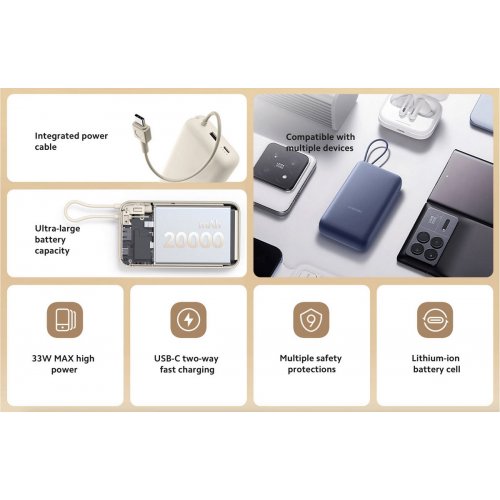 Powerbank Xiaomi 20000mAh 33W Integrated Cable (BHR8851GL) Tan купить в Украине: Киев, Днепр, Харьков, Одесса  | Низкая цена, отзывы, характеристики от TELEMART фото