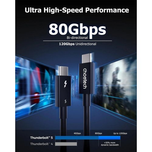 Кабель Choetech Thunderbolt 5 USB Type-C to USB Type-C 8K 1m (A3011) Black купить в Украине: Киев, Днепр, Харьков, Одесса  | Низкая цена, отзывы, характеристики от TELEMART фото