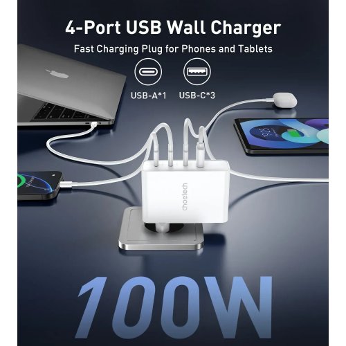 Сетевое зарядное устройство Choetech USB + 3 x USB Type-C 100W (PD9002) White купить в Украине: Киев, Днепр, Харьков, Одесса  | Низкая цена, отзывы, характеристики от TELEMART фото