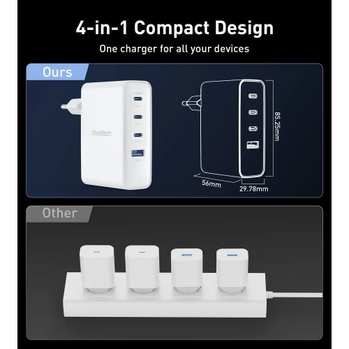 Сетевое зарядное устройство Choetech USB + 3 x USB Type-C 100W (PD9002) White купить в Украине: Киев, Днепр, Харьков, Одесса  | Низкая цена, отзывы, характеристики от TELEMART фото