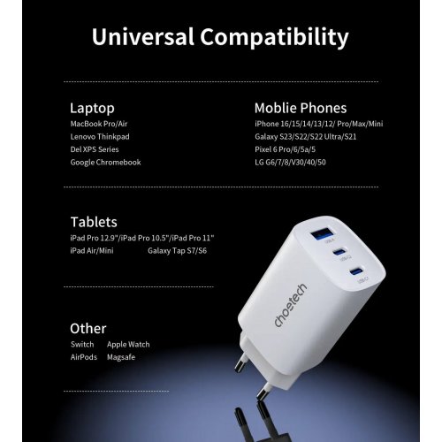 Мережевий зарядний пристрій Choetech USB + 2 x USB Type-C 65W (PD9006) White купити в Україні: Київ, Львів, Хмельницький, Тернопіль, Івано-Франківськ | Низька ціна, відгуки, характеристики від TELEMART фото
