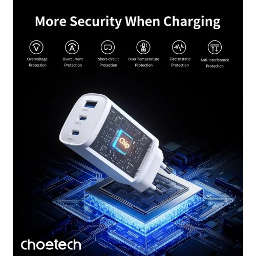 Мережевий зарядний пристрій Choetech USB + 2 x USB Type-C 65W (PD9006) White купити в Україні: Київ, Львів, Хмельницький, Тернопіль, Івано-Франківськ | Низька ціна, відгуки, характеристики від TELEMART фото