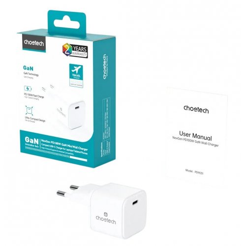 Мережевий зарядний пристрій Choetech USB Type-C 100W (PD9031) White купити в Україні: Київ, Львів, Хмельницький, Тернопіль, Івано-Франківськ | Низька ціна, відгуки, характеристики від TELEMART фото