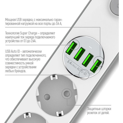 Уцінка мережевий фільтр ColorWay 2 м 4 розетки + 4 USB (CW-CHE44W) White (Розкрита упаковка, 872293) купити в Україні: Київ, Львів, Хмельницький, Тернопіль, Івано-Франківськ | Низька ціна, відгуки, характеристики від TELEMART фото