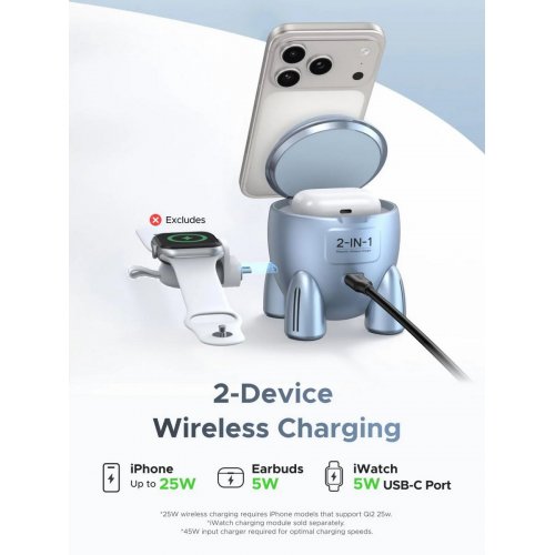 Бездротовий зарядний пристрій Ugreen W713 2 in 1 Magnetic Wireless 25W (65300) Blue купити в Україні: Київ, Львів, Хмельницький, Тернопіль, Івано-Франківськ | Низька ціна, відгуки, характеристики від TELEMART фото