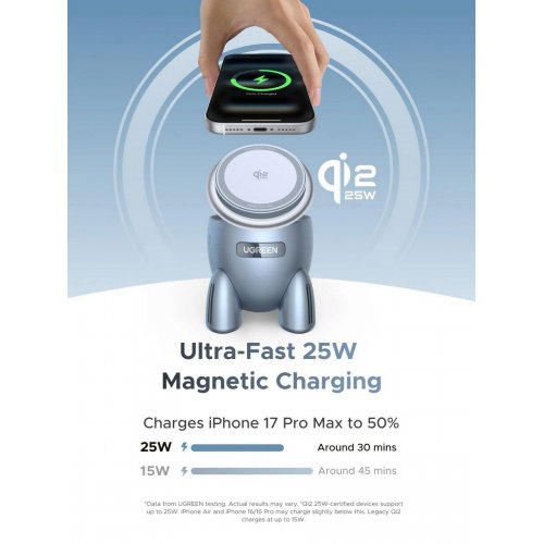 Бездротовий зарядний пристрій Ugreen W713 2 in 1 Magnetic Wireless 25W (65300) Blue купити в Україні: Київ, Львів, Хмельницький, Тернопіль, Івано-Франківськ | Низька ціна, відгуки, характеристики від TELEMART фото