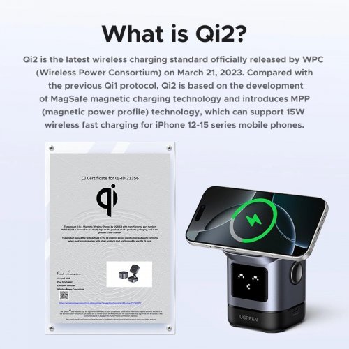 Бездротовий зарядний пристрій Ugreen W709 2 in 1 Magnetic Wireless 15W (45775) Grey купити в Україні: Київ, Львів, Хмельницький, Тернопіль, Івано-Франківськ | Низька ціна, відгуки, характеристики від TELEMART фото