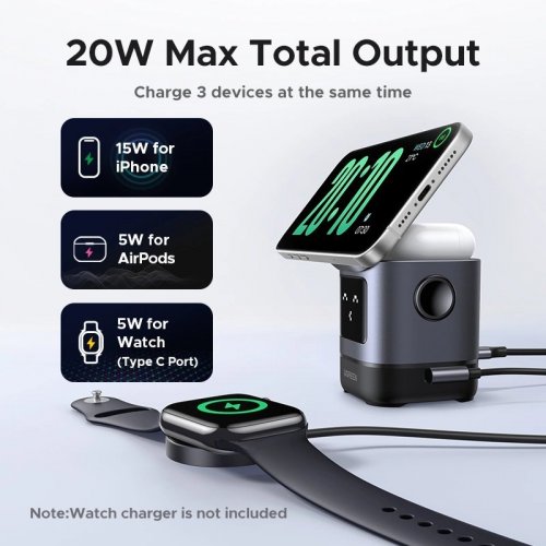 Бездротовий зарядний пристрій Ugreen W709 2 in 1 Magnetic Wireless 15W (45775) Grey купити в Україні: Київ, Львів, Хмельницький, Тернопіль, Івано-Франківськ | Низька ціна, відгуки, характеристики від TELEMART фото