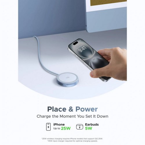 Бездротовий зарядний пристрій Ugreen W753 Magnetic Wireless 25W (55959) Blue купити в Україні: Київ, Львів, Хмельницький, Тернопіль, Івано-Франківськ | Низька ціна, відгуки, характеристики від TELEMART фото