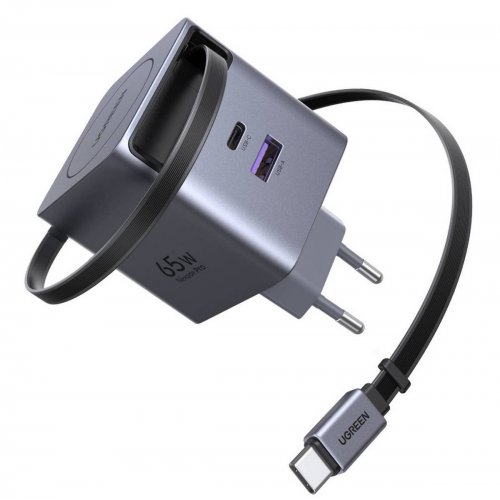 Сетевое зарядное устройство Ugreen X615 GaN USB + USB Type-C with Retractable Cable 65W (65825) Grey купить в Украине: Киев, Днепр, Харьков, Одесса  | Низкая цена, отзывы, характеристики от TELEMART фото