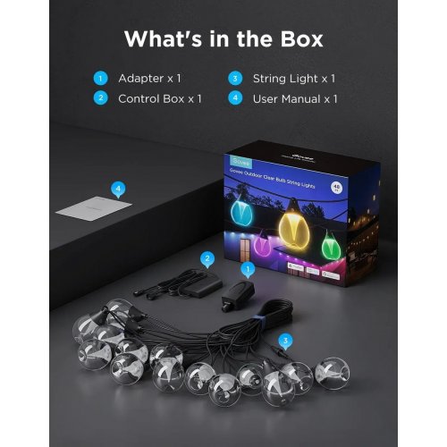 Розумна вулична LED-гірлянда Govee H7025 RGBICW Outdoor String Lights (H7025CB1) Black купити в Україні: Київ, Львів, Хмельницький, Тернопіль, Івано-Франківськ | Низька ціна, відгуки, характеристики від TELEMART фото