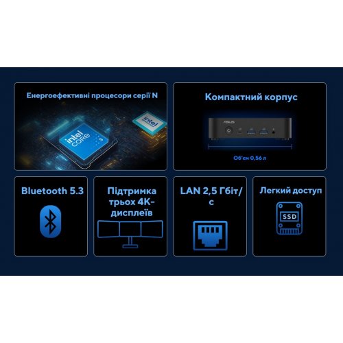 Неттоп Asus NUC 14 Essential RNUC14MNK1500002 (90AR00M2-M000F0) Black купить в Украине: Киев, Днепр, Харьков, Одесса  | Низкая цена, отзывы, характеристики от TELEMART фото