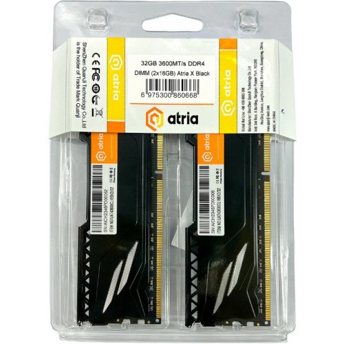 Уценка озу ATRIA DDR4 32GB (2x16GB) 3600Mhz Fly Black (UAT43600CL18BK2/32) (Вскрытая упаковка, 876368) купить в Украине: Киев, Днепр, Харьков, Одесса  | Проверка совместимости, низкая цена, отзывы, характеристики от TELEMART фото