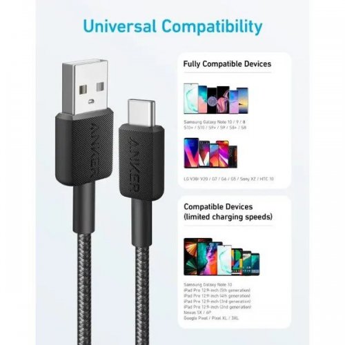 Кабель Anker 322 USB to USB Type-C 1.8m (A81H6G11) Black купить в Украине: Киев, Днепр, Харьков, Одесса  | Низкая цена, отзывы, характеристики от TELEMART фото