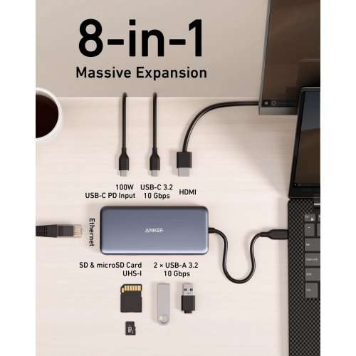 USB-хаб Anker PowerExpand USB Type-C 8 in 1 (A83830A2) Black купить в Украине: Киев, Днепр, Харьков, Одесса  | Низкая цена, отзывы, характеристики от TELEMART фото