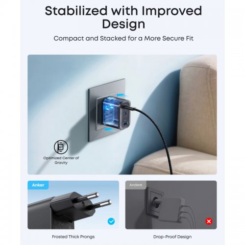 Сетевое зарядное устройство Anker Charger USB + 2 x USB Type-C 70W (A121AL11) Black купить в Украине: Киев, Днепр, Харьков, Одесса  | Низкая цена, отзывы, характеристики от TELEMART фото