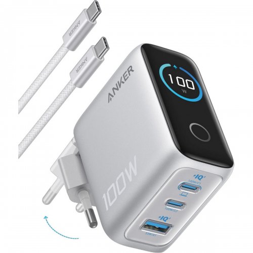 Сетевое зарядное устройство Anker GaN Charger USB + 2 x USB Type-C 100W (B121BG41) Silver купить в Украине: Киев, Днепр, Харьков, Одесса  | Низкая цена, отзывы, характеристики от TELEMART фото