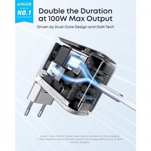Сетевое зарядное устройство Anker GaN Charger USB + 2 x USB Type-C 100W (B121BG41) Silver купить в Украине: Киев, Днепр, Харьков, Одесса  | Низкая цена, отзывы, характеристики от TELEMART фото