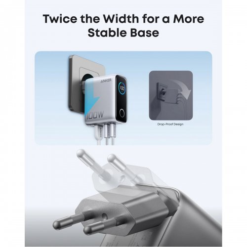 Сетевое зарядное устройство Anker GaN Charger USB + 2 x USB Type-C 100W (B121BG41) Silver купить в Украине: Киев, Днепр, Харьков, Одесса  | Низкая цена, отзывы, характеристики от TELEMART фото