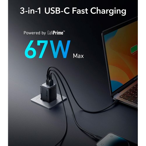 Сетевое зарядное устройство Anker GaNPrime Charger USB + 2 x USB Type-C 67W (A2669313) Black купить в Украине: Киев, Днепр, Харьков, Одесса  | Низкая цена, отзывы, характеристики от TELEMART фото