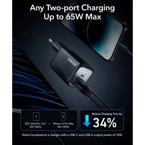 Сетевое зарядное устройство Anker GaNPrime Charger USB + 2 x USB Type-C 67W (A2669313) Black купить в Украине: Киев, Днепр, Харьков, Одесса  | Низкая цена, отзывы, характеристики от TELEMART фото