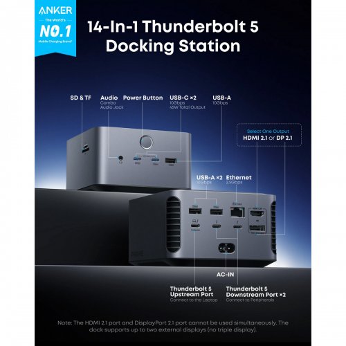 Док-станция Anker Prime TB5 Docking Station 14 in 1 (A83B53A1) Black купить в Украине: Киев, Днепр, Харьков, Одесса  | Низкая цена, отзывы, характеристики от TELEMART фото
