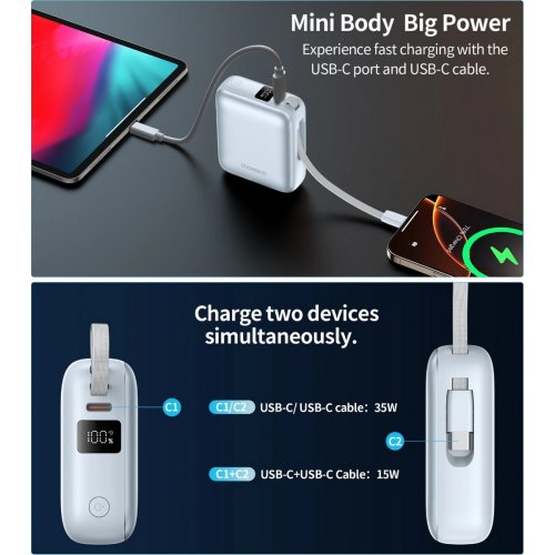 Powerbank Choetech B832 10000mAh 35W (B832-LBE) Light Blue купити в Україні: Київ, Львів, Хмельницький, Тернопіль, Івано-Франківськ | Низька ціна, відгуки, характеристики від TELEMART фото
