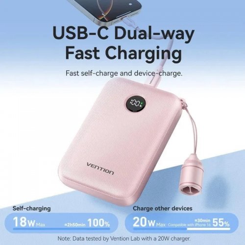 Powerbank Vention 10000mAh 22.5W (FKAP0-C) Pink купить в Украине: Киев, Днепр, Харьков, Одесса  | Низкая цена, отзывы, характеристики от TELEMART фото